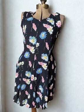Sleeveless Black Floral Mini Dress with Blue & Pink Blooms